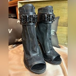 Women's Black Embellished Peep-Toe Booties